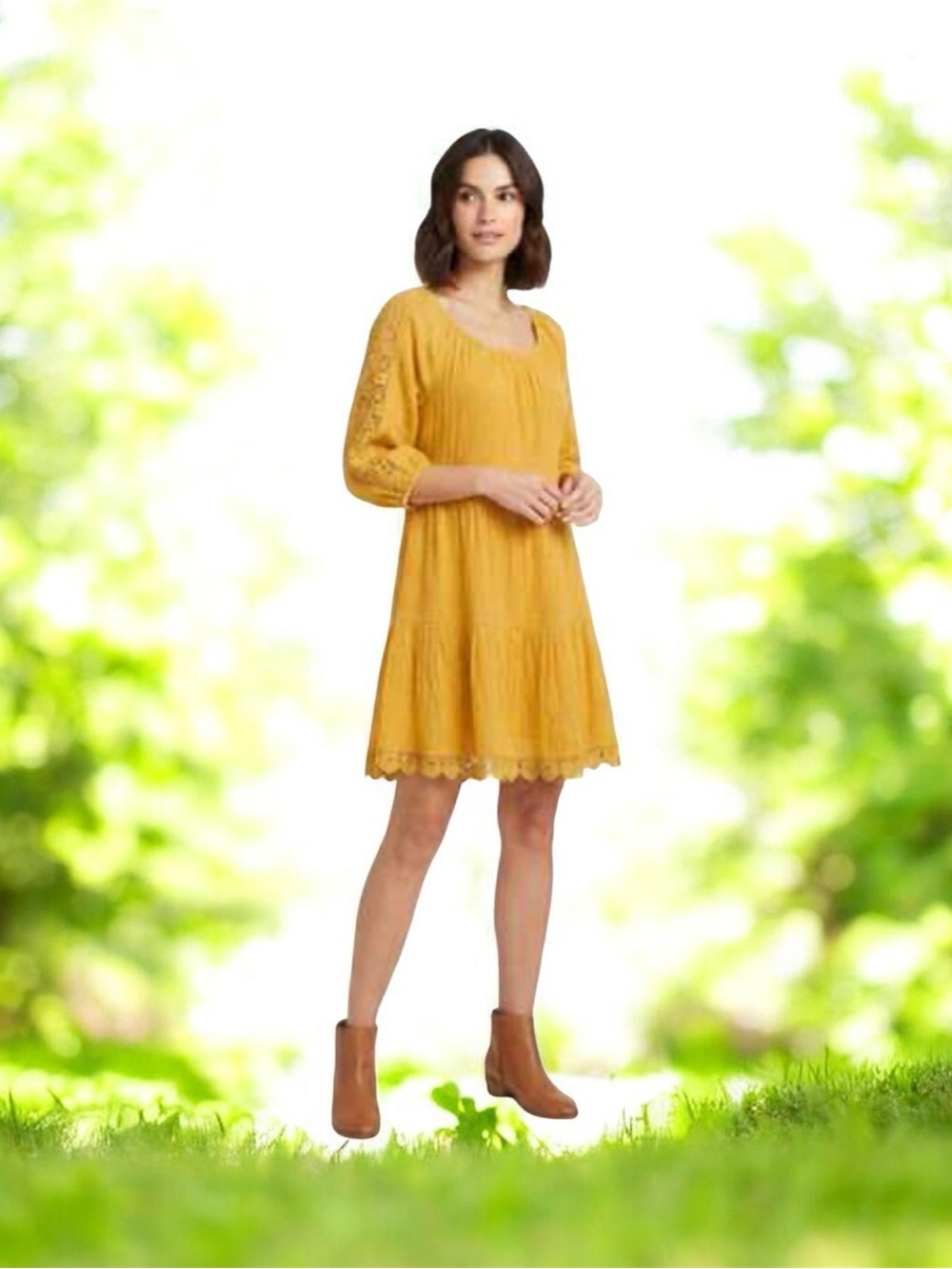 Boho Lace-Trim Midi Dress in Mustard Yellow